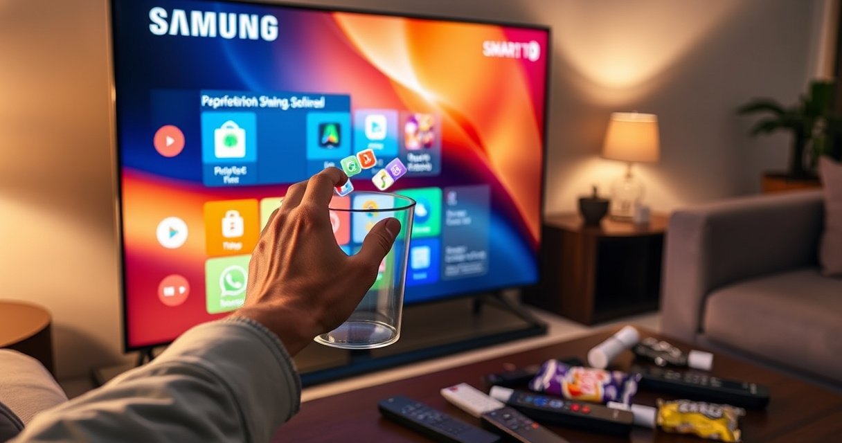 A sleek Samsung Smart TV displaying a colorful interface with animated app icons being dragged to a trash bin. A hand gently interacts with the screen, surrounded by a cozy living room setting, with soft lighting illuminating a comfortable couch and a coffee table cluttered with remotes and snacks, evoking a sense of ease and convenience.