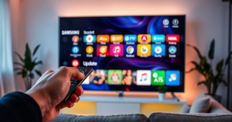 A sleek Samsung Smart TV displaying a vibrant, user-friendly interface filled with colorful app icons. In the foreground, a hand navigates the remote, highlighting the "Update" option. Soft, ambient lighting casts a cozy glow in a modern living room, with a plush couch and potted plants visible, creating a warm, inviting atmosphere.