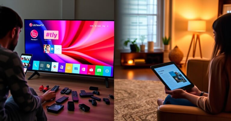 A sleek LG Smart TV displaying a vibrant, colorful interface, surrounded by scattered remote controls and digital gadgets. On one side, a person attentively reading a guide on a tablet, while the other side shows a cozy living room setting with warm lighting and modern decor, emphasizing a tech-savvy and inviting atmosphere.