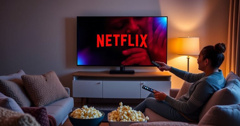 A cozy living room featuring a sleek Samsung Smart TV displaying the vibrant Netflix logo, surrounded by plush cushions and a warm glow from a nearby lamp. A person is joyfully interacting with the TV remote, while popcorn sits ready on a coffee table, evoking a perfect movie night atmosphere.