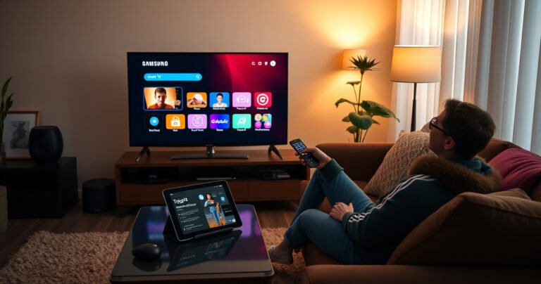 A cozy living room scene featuring an old Samsung Smart TV displaying vibrant app icons, surrounded by a modern coffee table with a tablet showcasing a tutorial. Warm lighting casts a welcoming glow, and a user sits on a plush couch, engaged and curious, with a remote in hand, embodying the spirit of technological renewal.