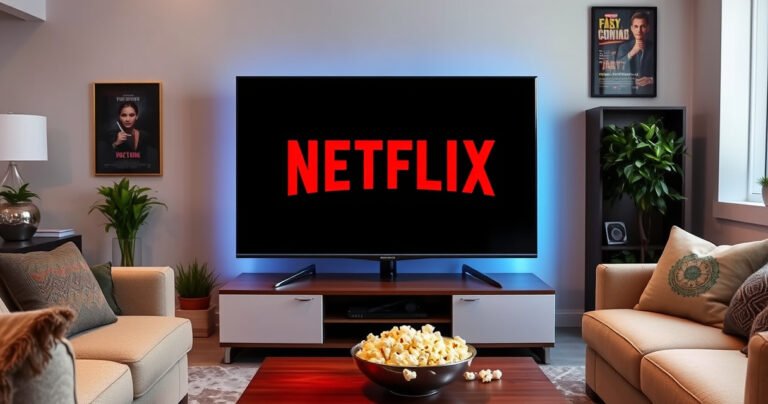 A sleek Samsung Smart TV glowing in a modern living room, displaying the vibrant Netflix logo on its screen. Surrounding the TV are cozy furnishings, soft lighting, and a bowl of popcorn on a stylish coffee table, evoking a perfect movie night atmosphere. The walls are adorned with framed film posters, enhancing the cinematic vibe.