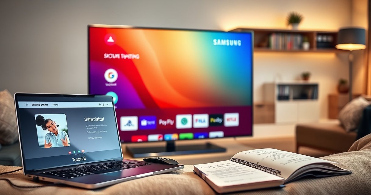 A sleek Samsung Smart TV displaying a vibrant, user-friendly interface with colorful app icons. Surround it with tools like a remote control, a laptop showing a tutorial, and a notepad filled with notes. In the background, a cozy living room setting with soft lighting, creating an inviting atmosphere for tech-savvy readers eager to learn.