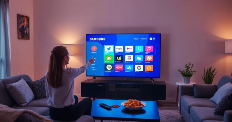A sleek Samsung Smart Hub TV glowing in a modern living room, surrounded by cozy furniture. A person interacts with the vibrant, user-friendly interface on the screen, showcasing colorful app icons. Soft ambient lighting adds a warm touch, while a coffee table holds a remote and snacks, creating an inviting atmosphere for tech updates.