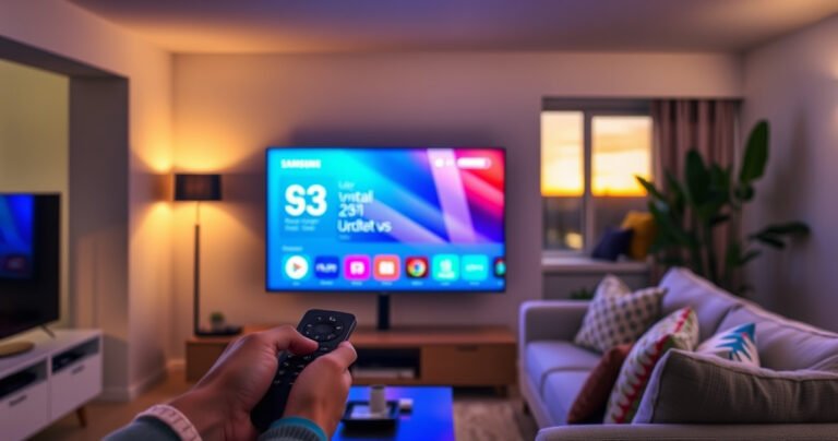 A sleek Samsung Smart TV glowing in a modern living room, displaying a vibrant update screen. Soft ambient lighting casts a warm glow, while a user's hand hovers over a remote control. In the background, a cozy couch with colorful cushions invites relaxation, and a window reveals a sunset, blending technology with comfort.