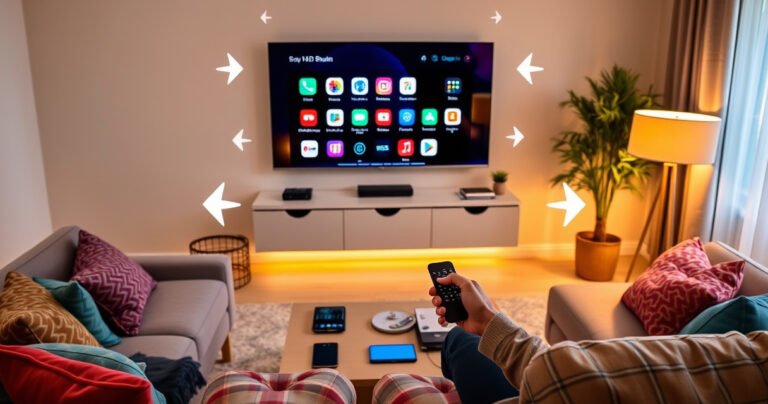 A modern living room featuring a sleek smart TV displaying vibrant app icons, a cozy couch with colorful throw pillows, a stylish coffee table with tech gadgets, and a warm glow from a nearby lamp. A person is intently using a remote, surrounded by digital elements symbolizing app updates, like arrows and progress bars.
