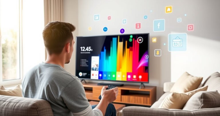 A modern living room with a sleek LG Smart TV displaying a colorful update screen, surrounded by cozy furniture. A person, focused and engaged, is using a remote control, while vibrant tech graphics and icons float around, symbolizing the digital world. Natural light streams through a window, creating a warm, inviting atmosphere.