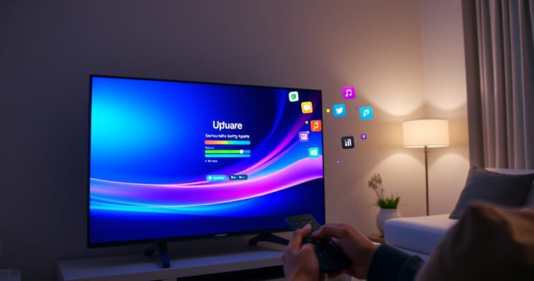 A sleek Sony Smart TV glowing in a modern living room, displaying a vibrant software update screen with animated progress bars. Colorful app icons float around, and a hand is poised with a remote, surrounded by a cozy atmosphere of soft lighting and minimalistic decor, emphasizing the ease and modernity of technology.