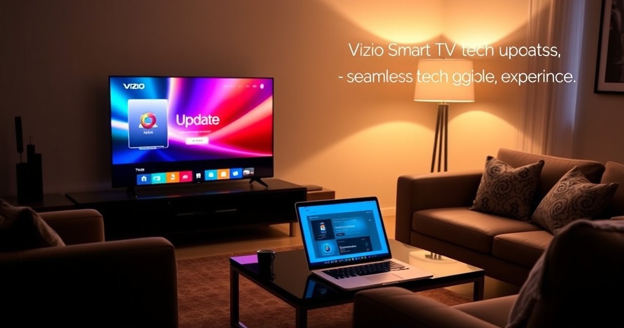 A modern living room with a sleek Vizio Smart TV displaying a colorful update screen, surrounded by cozy furniture, a warm glow from a floor lamp, and a stylish coffee table with a laptop open to a tech guide. Soft shadows enhance the inviting atmosphere, hinting at a seamless tech upgrade experience.