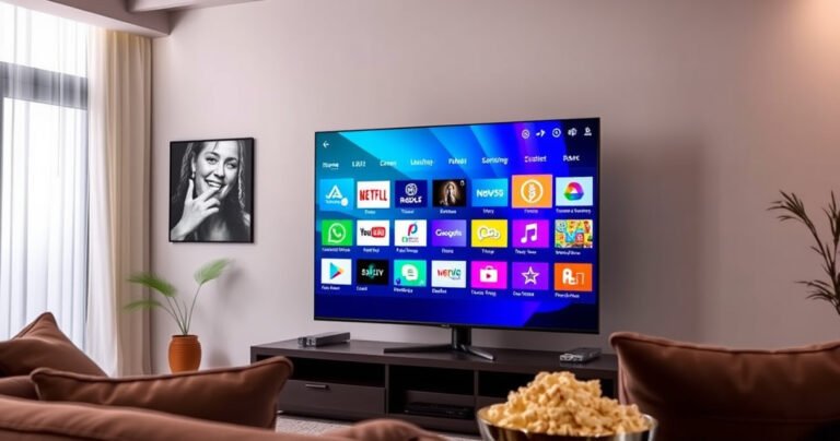 A sleek Samsung Smart TV glowing in a modern living room, displaying a vibrant browser interface filled with colorful app icons, surrounded by a cozy atmosphere with a plush sofa, soft lighting, and a bowl of popcorn, evoking a sense of digital connectivity and home entertainment.