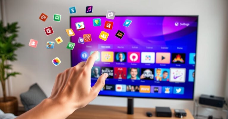 A sleek Samsung Smart TV displaying a vibrant app store interface, surrounded by colorful app icons floating in the air. A hand gently navigates the screen, highlighting an upgrade button with a glowing effect. In the background, a modern living room with soft lighting, a cozy couch, and tech gadgets adds a contemporary feel.