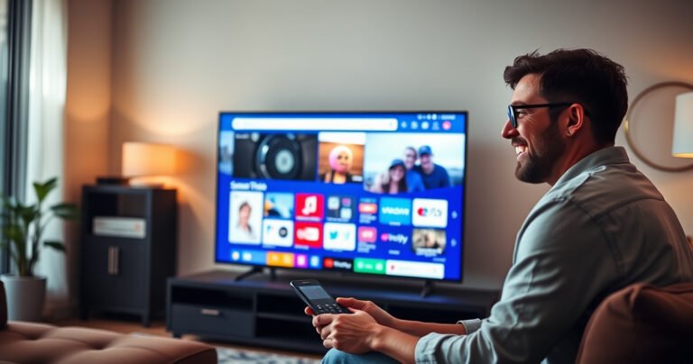 A sleek Samsung Smart TV in a modern living room, showcasing a vibrant web browser interface on the screen. Bright icons and colorful tabs are open, while a user, engaged and smiling, interacts with the remote. Soft ambient lighting highlights the stylish decor, creating a cozy yet tech-savvy atmosphere, inviting viewers to explore digital upgrades.