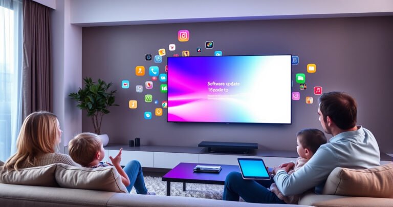 A sleek modern living room featuring a large flat-screen smart TV displaying a vibrant software update screen. Colorful icons float around the TV, symbolizing apps and features. A cozy couch with a tablet on the coffee table, a family eagerly watching, and soft ambient lighting create a tech-savvy yet inviting atmosphere.