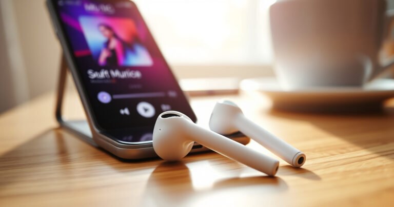 A close-up of sleek white Apple earphones resting on a wooden desk, surrounded by a smartphone displaying a vibrant music app. Soft morning light filters through a nearby window, illuminating the delicate curves of the earphones, while a cozy coffee cup sits in the background, creating an inviting atmosphere of tech and comfort.