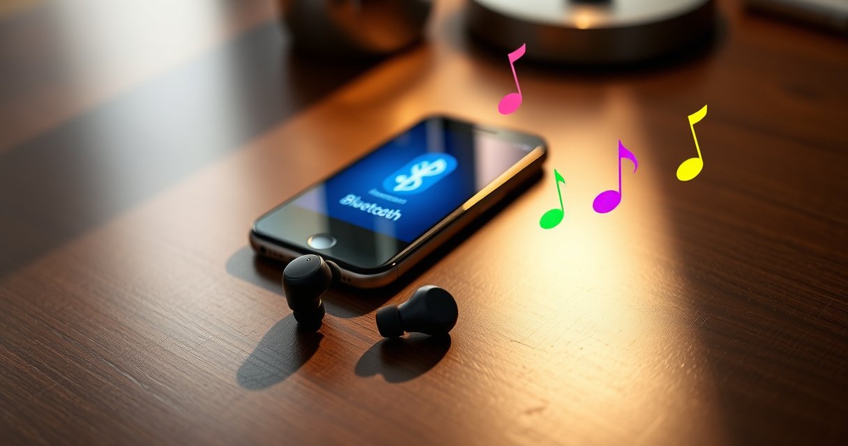 A sleek pair of modern Bluetooth earphones resting on a stylish wooden table, surrounded by a smartphone displaying a vibrant Bluetooth connection screen. Soft, ambient lighting casts gentle shadows, while a few colorful music notes seem to float around, symbolizing sound and connectivity, creating an inviting atmosphere perfect for tech-savvy readers.