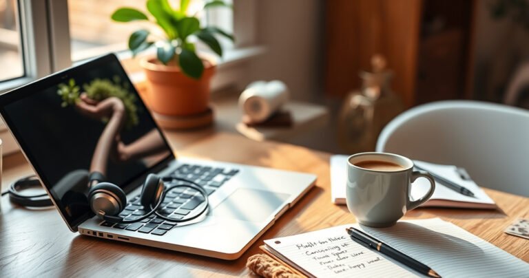 A cozy home office scene with a stylish desk, featuring a pair of sleek earphones on an open laptop, a steaming cup of coffee, and a notebook with handwritten tips. Soft morning light filters through a window, illuminating a potted plant and creating a warm, inviting atmosphere that encourages productivity and focus.
