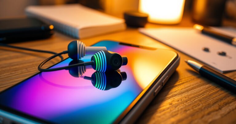 A close-up of sleek, modern earphones resting on a vibrant iPhone, with colorful sound waves visually emanating from the device. The background features a cozy workspace with a wooden desk, scattered notes, and a warm light, creating an inviting atmosphere that illustrates simplicity and connectivity in technology.
