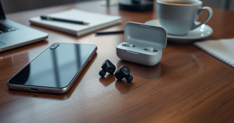 A sleek pair of Lenovo earbuds resting on a polished wooden desk, surrounded by a stylish smartphone and a laptop. Soft, ambient lighting highlights the earbuds’ modern design, while a charging case glows gently in the background. Scattered around, notes and a cup of coffee suggest a productive digital workspace.