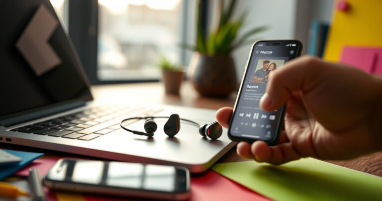 A stylish close-up of Raycon earbuds nestled in a vibrant, modern workspace, surrounded by a laptop, a smartphone displaying music, and colorful notes. Soft morning light filters through a nearby window, highlighting the sleek earbuds' design, while a hand reaches out, ready to connect, evoking a sense of connection and creativity.