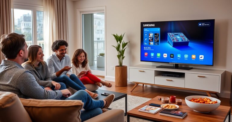A cozy living room with a sleek Samsung Smart TV prominently displayed on a stylish media console. Nearby, a family gathers, smiling and engaging with the TV's touchscreen interface, while a colorful assortment of smart devices and a coffee table with snacks complete the inviting atmosphere, showcasing a seamless blend of technology and comfort.