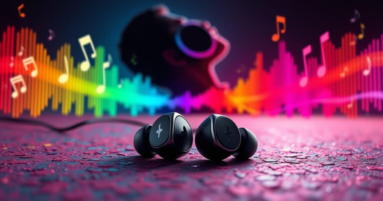 A sleek pair of Skullcandy earphones resting on a vibrant, textured surface, surrounded by musical notes and colorful sound waves. In the background, a silhouette of a person enjoying music, with a subtle glow highlighting the earphones. A modern, tech-inspired aesthetic with bold colors and dynamic lines, evoking a sense of energy and connectivity.