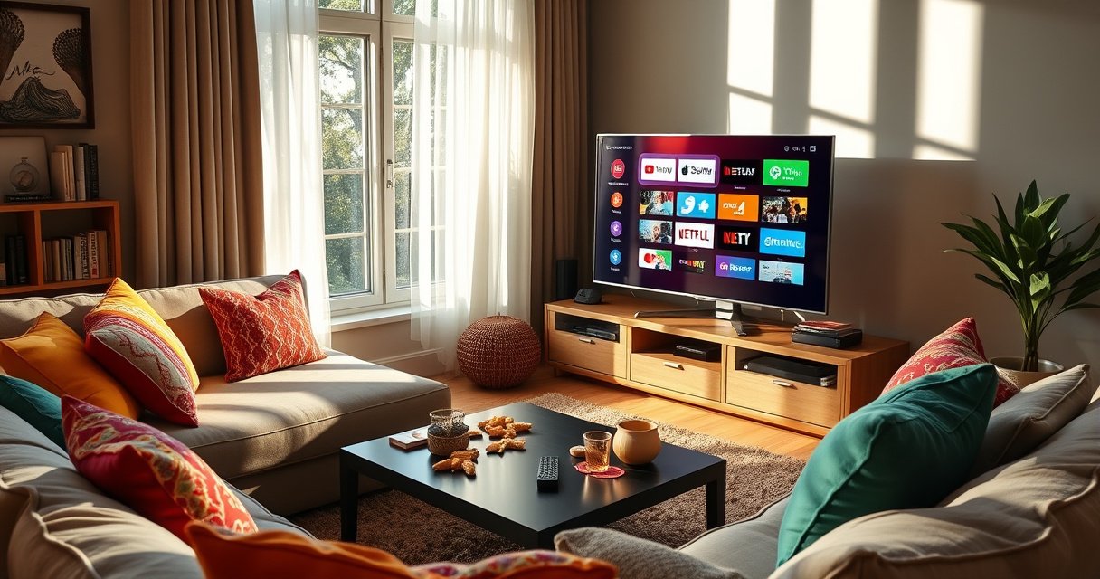 A cozy living room scene featuring a sleek smart TV displaying vibrant streaming icons, surrounded by a plush sofa and colorful throw pillows. A coffee table is cluttered with snacks and a remote control, while sunlight streams through a large window, casting warm shadows and creating an inviting atmosphere for a tech-savvy lifestyle.