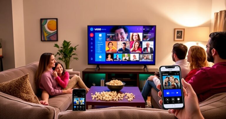 A cozy living room featuring a modern Vizio TV displaying the Smart View interface, surrounded by a family enjoying movie night. Soft lighting highlights plush furniture, with popcorn scattered on the coffee table. A smartphone is nearby, showcasing the Smart View app, while colorful artwork adorns the walls, creating a warm, inviting atmosphere.