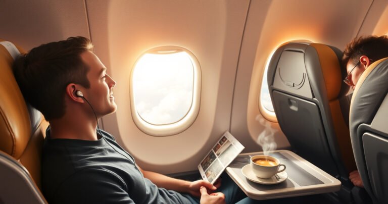 A serene airplane cabin with a traveler comfortably seated, wearing sleek wireless earbuds, immersed in music. Sunlight streams through the window, illuminating fluffy clouds outside. A small tray table displays a travel magazine and a steaming cup of coffee, while nearby passengers enjoy their journeys, creating a cozy and tech-savvy atmosphere in the sky.