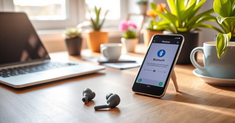 A stylish workspace featuring a sleek pair of wireless earphones on a wooden desk, surrounded by a laptop, coffee cup, and vibrant potted plants. Soft morning light filters through a window, illuminating the earphones, while a smartphone displays a Bluetooth pairing screen. The atmosphere is modern, inviting, and tech-savvy, perfect for a productivity-focused article.