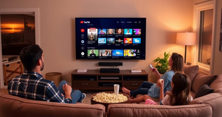 A cozy living room featuring a sleek smart TV displaying the YouTube TV interface, with a family gathered on a comfortable couch, popcorn in hand, vibrant colors highlighting the streaming options, warm ambient lighting, and a window showing a sunset outside, giving a sense of relaxation and entertainment at home.