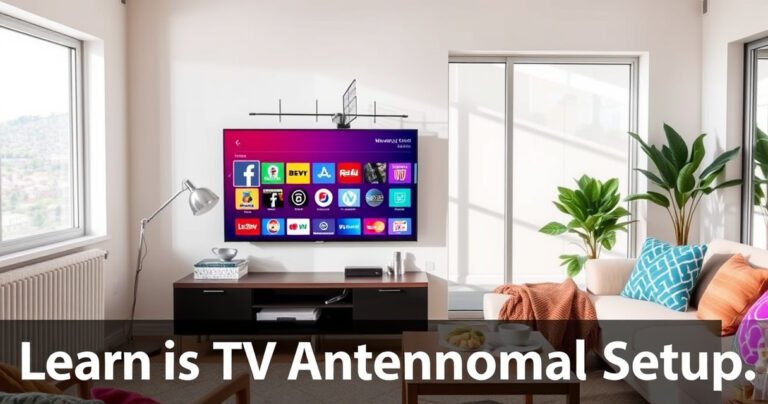 A modern living room with a sleek smart TV displaying a vibrant channel lineup, a stylish TV antenna perched on a shelf, sunlight streaming through large windows, a cozy couch adorned with colorful cushions, and a coffee table with tech gadgets and snacks, creating an inviting atmosphere for learning about TV antenna setup.