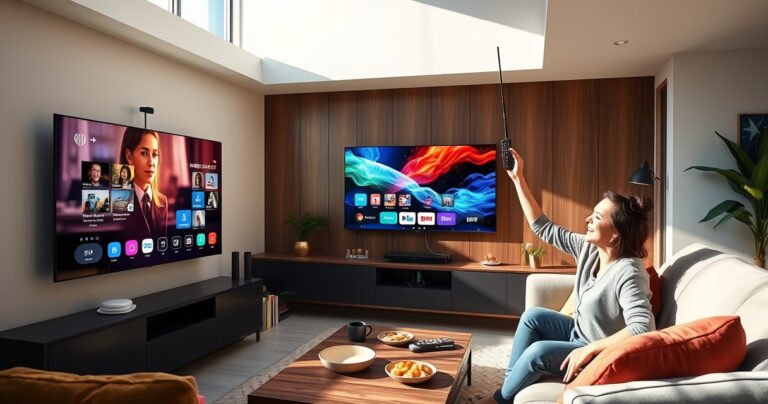 A sleek modern living room with a large smart TV displaying vibrant channels, a stylish antenna mounted on the wall, surrounded by cozy furniture. Sunlight streams through a window, highlighting a coffee table with snacks and a remote control, while a person joyfully adjusts the antenna, capturing clear signals amidst a backdrop of colorful decor.
