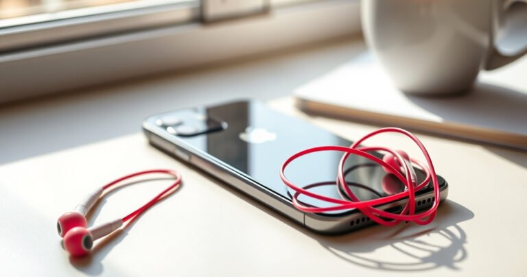 A close-up of a sleek iPhone with vibrant earphones tangled beside it, set against a minimalist desk. Soft morning light bathes the scene, highlighting the texture of the earphones and the phone's glossy finish. A blurred background features a cozy coffee cup and a notebook, evoking a sense of casual tech exploration.