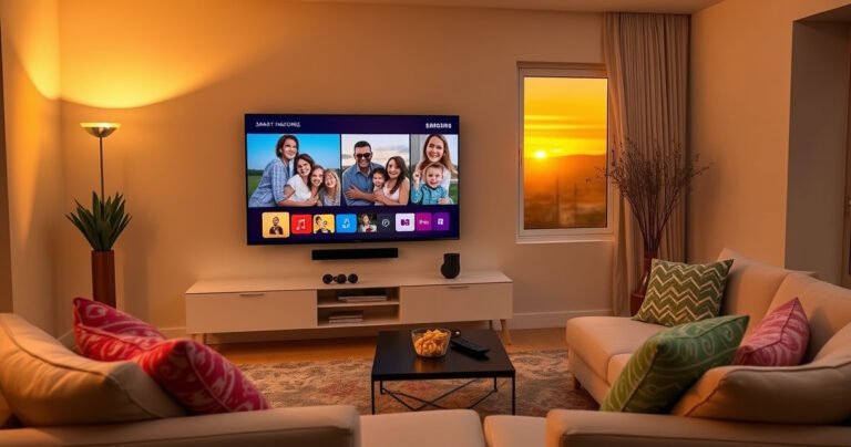A sleek living room with a modern Samsung Smart TV displaying a vibrant slideshow of family photos, warm ambient lighting, a cozy sofa adorned with colorful cushions, and a coffee table with a remote and snacks. A window reveals a sunset outside, casting a golden glow, highlighting the joy of sharing memories.