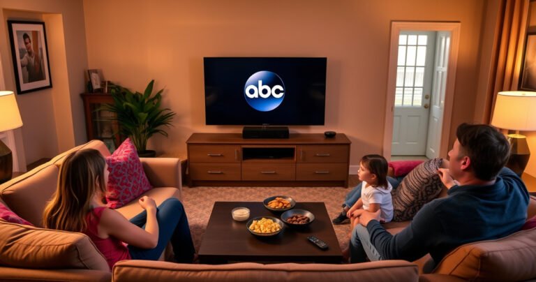 A cozy living room featuring a sleek smart TV displaying the ABC logo, surrounded by a soft couch, vibrant throw pillows, and a coffee table with snacks. Warm ambient lighting creates an inviting atmosphere, while a user-friendly remote rests nearby. A family eagerly gathers, ready to enjoy their favorite shows together.