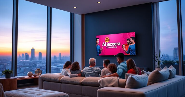 A modern living room with a sleek smart TV displaying Al Jazeera's vibrant logo, surrounded by cozy furnishings. A family of diverse backgrounds sits together on a plush couch, illuminated by the soft glow of the screen. Large windows showcase a city skyline at dusk, creating a warm and inviting atmosphere.