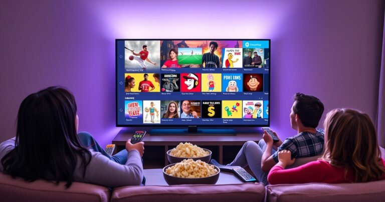 A sleek Samsung Smart TV displaying vibrant cable channels, surrounded by a cozy living room setting. A family relaxed on a plush sofa, popcorn bowl in hand, with colorful remotes scattered around. Soft ambient lighting highlights the TV screen, showcasing a mix of sports, movies, and cartoons, creating a warm, inviting atmosphere for entertainment.