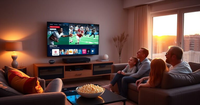 A cozy living room featuring a sleek smart TV displaying the DIRECTV interface, soft ambient lighting, a comfortable couch adorned with colorful cushions, a bowl of popcorn on a stylish coffee table, and a family gathered around, joyfully watching a thrilling sports game, with a window revealing a sunset outside.