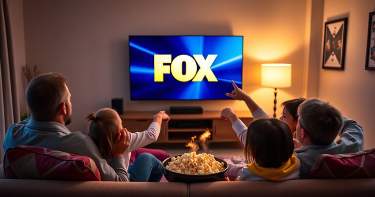 A cozy living room scene with a modern smart TV displaying the Fox logo, surrounded by a comfortable couch, colorful throw pillows, and a steaming bowl of popcorn. A family is gathered, excitedly pointing at the screen, with soft lighting creating a warm and inviting atmosphere perfect for family movie night.