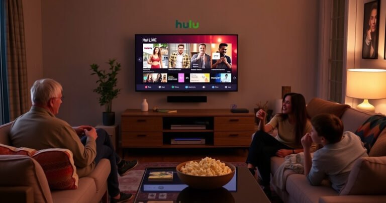 A cozy living room with a modern smart TV displaying colorful Hulu Live content, surrounded by plush furniture and a warm, inviting ambiance. Soft lighting enhances the scene, while a bowl of popcorn sits on a stylish coffee table, and a family enjoys the viewing experience together, laughing and engaging in the vibrant atmosphere.
