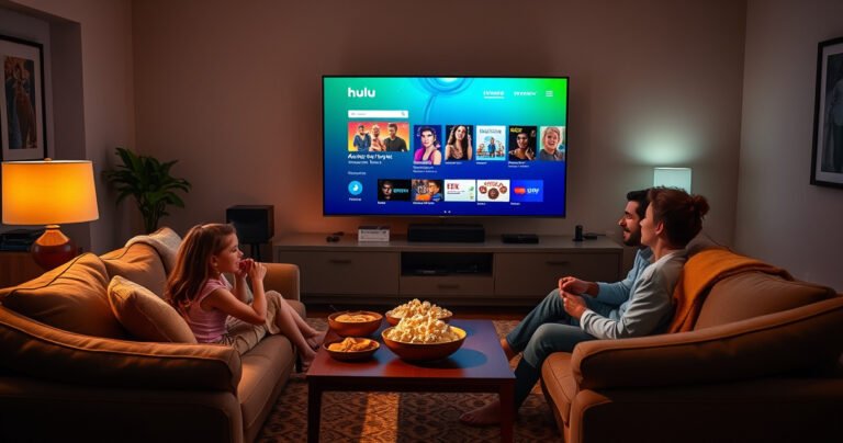 A cozy living room with a large smart TV displaying the Hulu interface, a family gathered on a plush sofa, popcorn and snacks on the coffee table, warm lighting creating an inviting atmosphere, vibrant colors from the TV screen illuminating their excited faces, modern decor with streaming devices and artwork in the background.