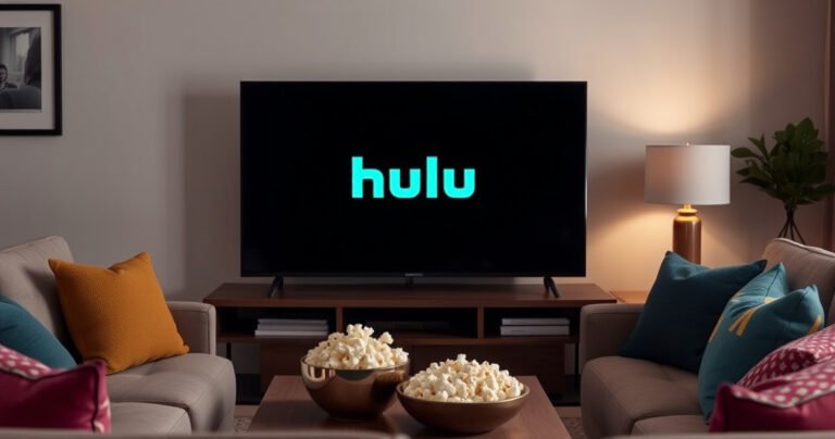 A cozy living room scene featuring a modern smart TV displaying the Hulu logo, surrounded by a plush sofa with colorful throw pillows, a bowl of popcorn on a coffee table, and soft ambient lighting creating a welcoming atmosphere, inviting viewers to enjoy their favorite shows seamlessly.