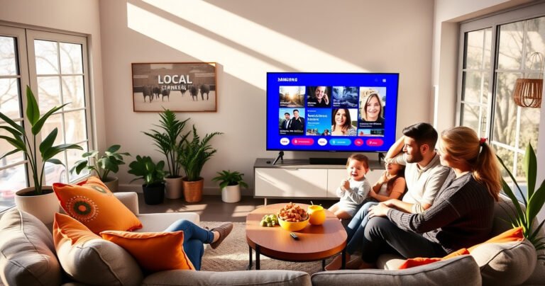 A cozy living room featuring a sleek Samsung Smart TV displaying vibrant local channels. Sunlight streams through large windows, illuminating a plush sofa adorned with colorful cushions. A coffee table holds snacks and a remote, while a family sits together, smiling and engaged, surrounded by modern decor and potted plants, embodying warmth and connection.