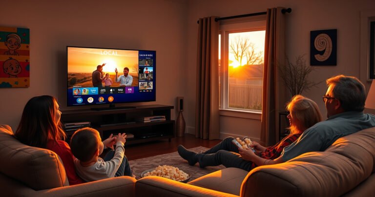 A cozy living room with a sleek Samsung Smart TV displaying a vibrant local channel, surrounded by a family enjoying popcorn on a plush sofa, warm lighting casting a golden glow, colorful wall art reflecting community culture, and a window revealing a sunset over a quiet neighborhood, evoking a sense of togetherness and entertainment.