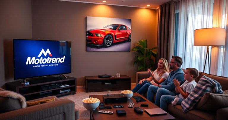 A cozy living room featuring a sleek smart TV displaying the MotorTrend logo, a family gathered on a plush couch, popcorn bowls, and excited expressions, a vibrant car poster on the wall, warm ambient lighting creating an inviting atmosphere, and a coffee table filled with tech devices and remote controls, illustrating the joy of watching automotive shows together.