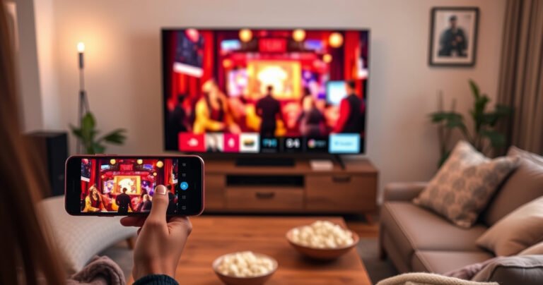 A cozy living room with a large smart TV displaying a vibrant movie scene, a smartphone in hand casting the screen. Soft ambient lighting, plush cushions, and a bowl of popcorn on a wooden coffee table. A warm atmosphere, blending technology and comfort, highlighting a seamless connection between devices for an engaging movie night experience.