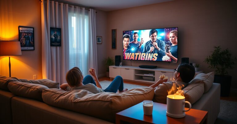 A cozy living room bathed in soft, warm light, featuring a large smart TV displaying a vibrant movie scene. A couple lounges on a plush sofa, popcorn in hand, surrounded by scattered movie posters and a steaming cup of hot cocoa on the side table, conveying a sense of relaxation and cinematic adventure at home.