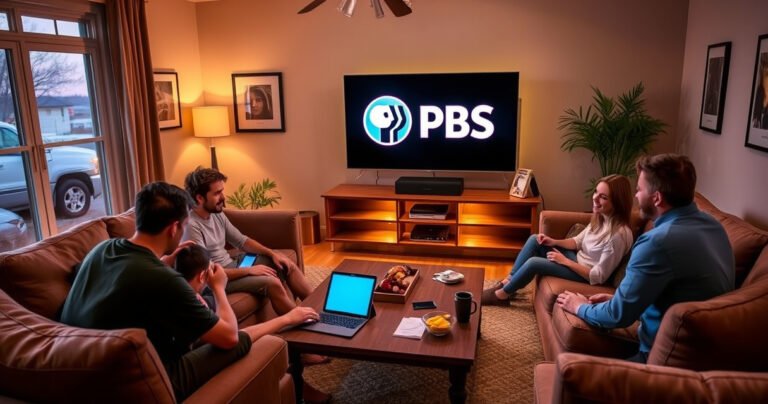 A cozy living room with a sleek smart TV displaying the PBS logo, surrounded by comfortable furniture. A family gathers, excitedly connecting devices, with notes and snacks on a coffee table. Soft lighting enhances the warm atmosphere, while a window shows a peaceful evening outside, creating a welcoming environment for tech-savvy learning.