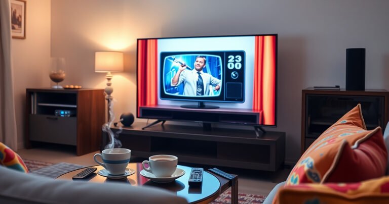 A sleek Samsung Smart TV displaying a vibrant living room setting, with a cozy couch and soft lighting, showing a classic TV channel on screen. Surrounding the TV are playful remotes, a steaming cup of coffee on a side table, and colorful cushions, inviting viewers into the comfortable world of regular television watching.