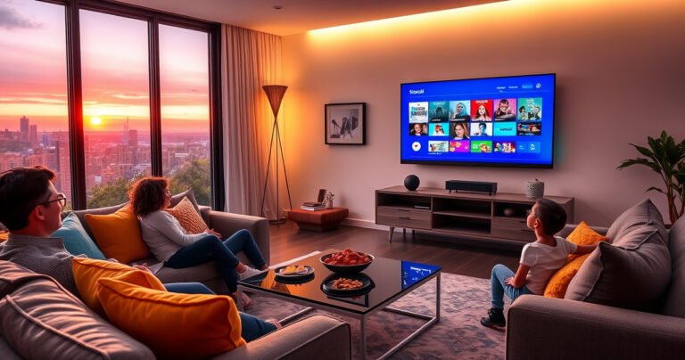 A sleek modern living room featuring a large smart TV displaying vibrant streaming apps, a cozy sofa with colorful pillows, a stylish coffee table with snacks, soft ambient lighting, and a window revealing a sunset. The atmosphere is inviting, showcasing the blend of technology and comfort as a family enjoys a movie night together.